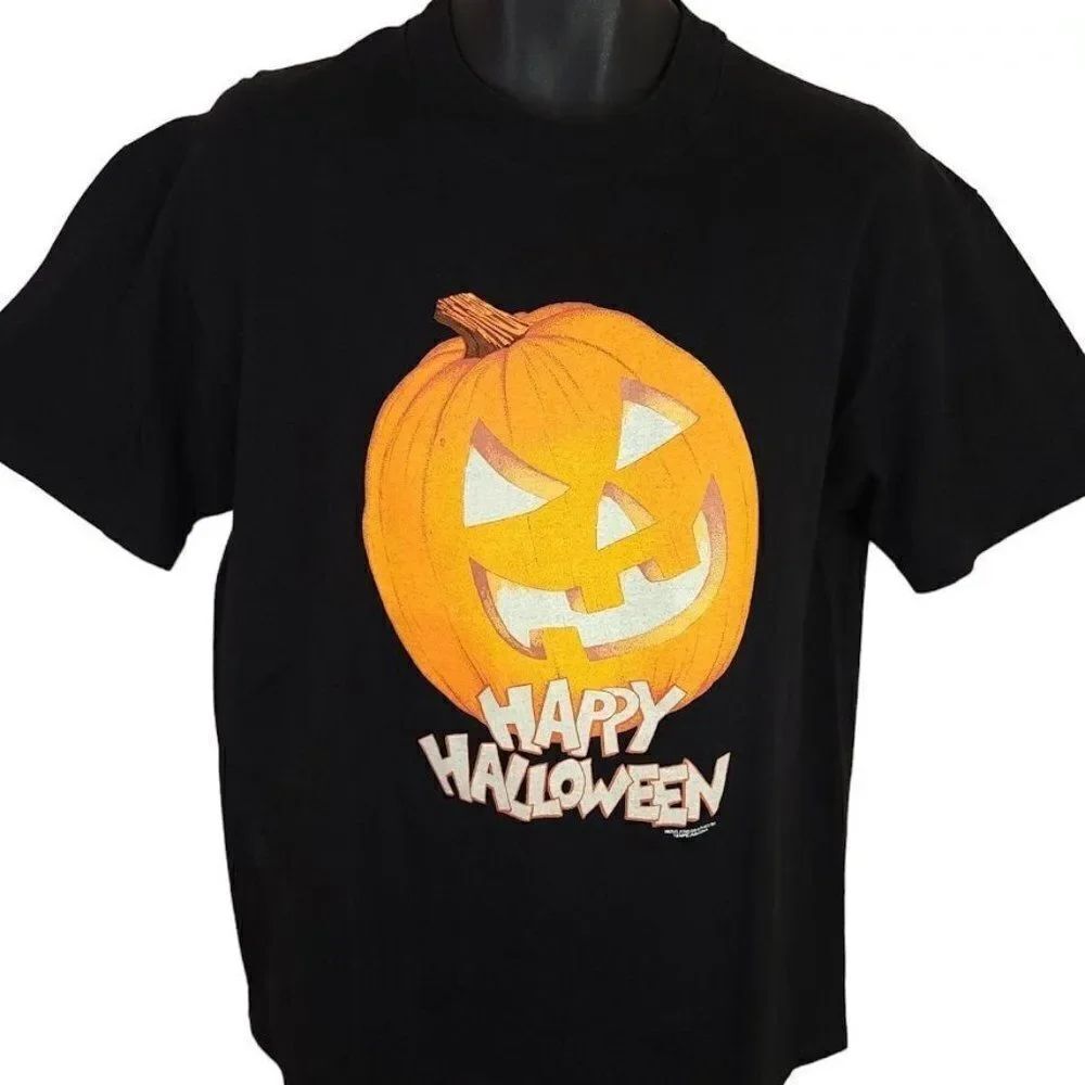 Happy Halloween T Shirt Vintage 80s Glow In The Dark Pumpkin Made In USA Mens